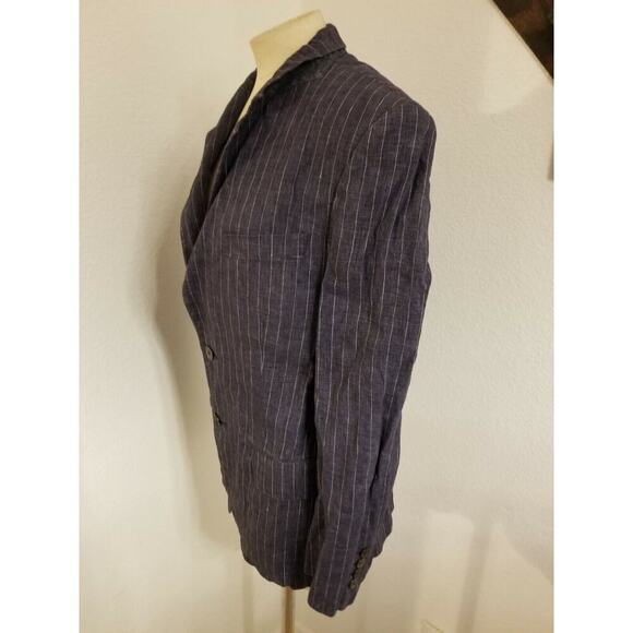 Zara Blazer US 36 Womens 100% Flax Blue White Striped Single Breasted - Picture 4 of 8